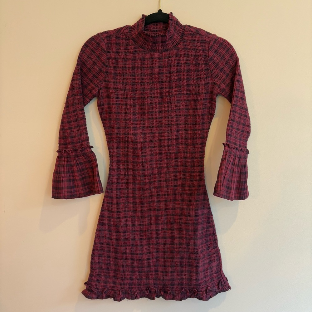 Free People Autumn Chill Plaid Mini Dress in Pomegranate Overdye - Picture 5 of 8